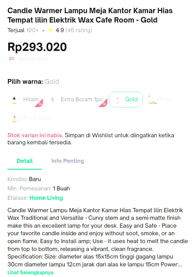 [중고] Candle Warmer Lampu Meja Kantor / Kamar / Hias Elektrik (Gold 타입)