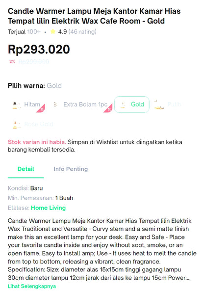 [중고] Candle Warmer Lampu Meja Kantor / Kamar / Hias Elektrik (Gold 타입)
